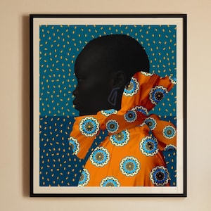 Impression d'art femme noire : portrait afro-américain moderne, collage orange et bleu