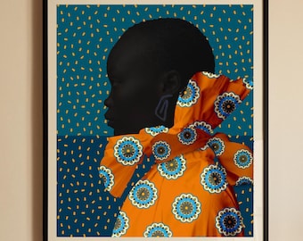 Black Woman Art Print: Modern African American Portrait, Orange & Blue Collage