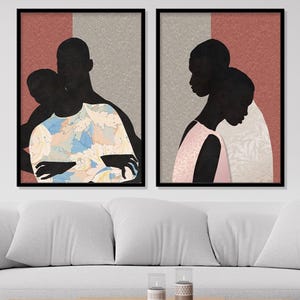 Black Couple Wall Art Set of 2, African American Canvas Prints, Modern Mixed Media Portraits, Romantic Neutral Decor, Contemporary Black Art image 20