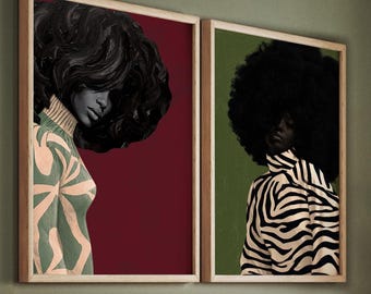 Set of 2 Afro prints in olive green and burgundy, wall art with an African woman, diptych canvas and/or paper in African style, African art