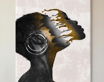 Black Woman Abstract Wall Art Canvas, African American Portrait Print, Gold Accent Modern Painting, Neutral Contemporary Afrocentric Decor