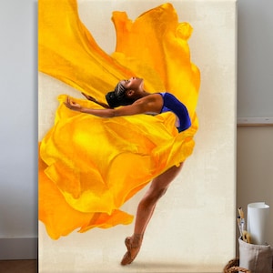 Black Woman Wall Art, Modern African American Decor with Black Ballerina, Portrait of a Dancer in Yellow and Blue, Ready to hang canvas