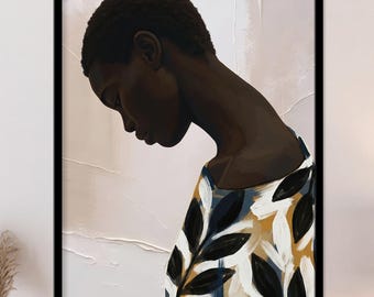 Black Woman Wall Art Canvas, Minimalist Afro Portrait Print, Earthy Botanical African Artwork, Serene Bedroom Living Room Decor