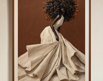 Terracotta brown afro girl canvas, African artwork - Print, Textured white dress of black woman, Modern living room decor in earth tones