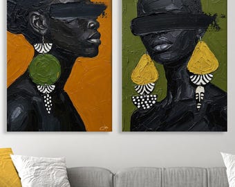 African Woman Wall Art, 2 set Deep Orange and Olive Green Prints, Afro Portrait Diptych with Impasto Texture,  African Style Canvas Set