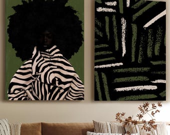 2 Piece Wall Art Set, Zebra Black Woman Canvas, Olive Green Afro Portrait Diptych, Abstract Modern Art, Living Room Decor