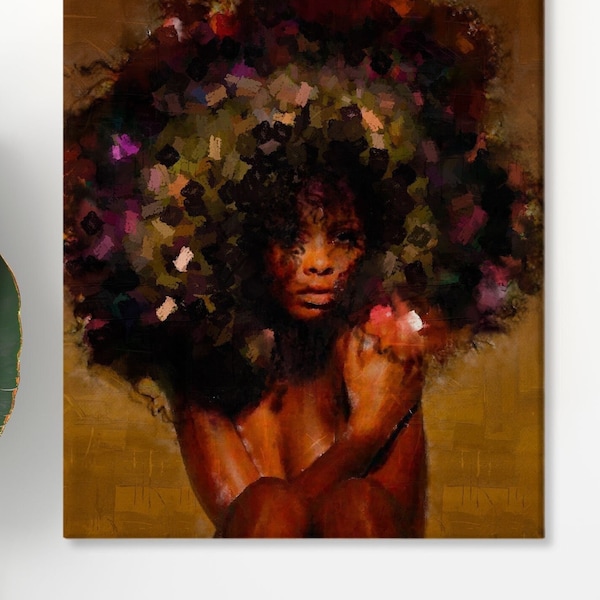 Donna afroamericana esotica, stampa d'arte donna nera, stampa d'arte africana su tela, corpo nero nudo, arte nera, casa regalo, tecnica mista