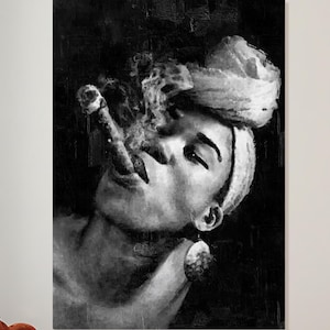 Monochrome Wall Print of a Black Woman With a Cigar, Black and White Portrait on Stretched Canvas, Dramatic Modern  Cuban Decor