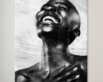 African American Woman Portrait, Black and White Art Print on Canvas, Oil Painting Style Wall Art