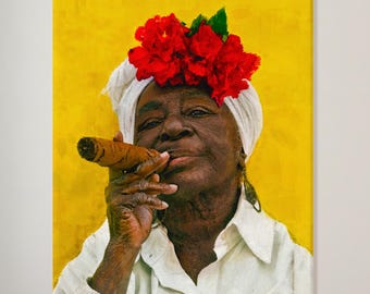 Cuban Woman Portrait, Black Woman Art, Mixed Media Art Print on Canvas Ready to hang