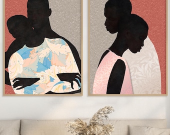 Black Couple Wall Art Set of 2, African American Canvas Prints, Modern Mixed Media Portraits, Romantic Neutral Decor, Contemporary Black Art