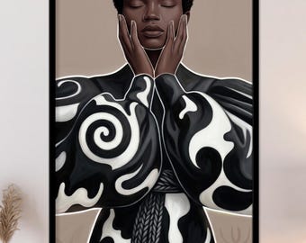 Black and White Afrocentric Portrait, Black Woman Art Print, Modern Large Wall Decor, Stretched Canvas