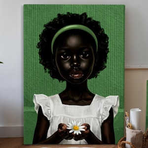 Black Girl Wall Art Canvas, African American Child Portrait, Empowering Modern Kids Room Décor, Green and Black nursery Print