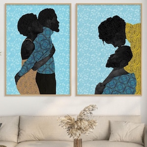 アフリカ系アメリカ人カップルのアートプリント、ロマンチックな抱擁、黒人女性と黒人男性 2 枚セット