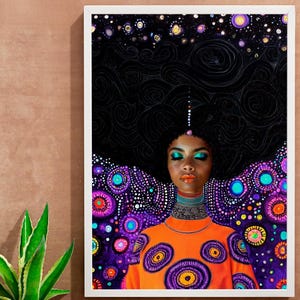 Mystical Black woman. African Space Queen Art. Afrocentric Art Print in bright colors. Framed Afro Wall Art décor. Fabulous African art.