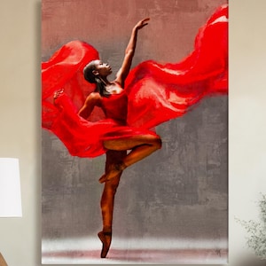 Black Woman Wall Art Canvas, Red Ballerina Dance Portrait, African American Dancer Statement Decor