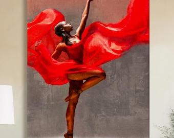 Black Woman Wall Art Canvas, Red Ballerina Dance Portrait, African American Dancer Statement Decor