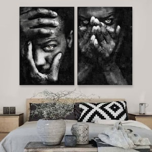 Black African Man, Contemporary African Art Print On Canvas, Set of two, Black And White Wall Decor, African Art, Mix Media Painting