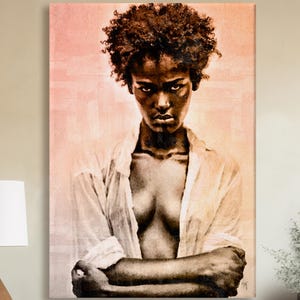 Black Woman Wall Art Canvas, African American Portrait Print, Natural Afro Woman Painting Style, Neutral Modern Melanin Wall Decor