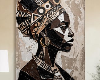 African Queen Canvas Art Print, Cubist Tribal Artwork, Geometric Afrocentric Black Woman Painting, Textured Earthy Tone Living Room Decor