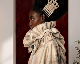 African Queen Profile Canvas Print, Burgundy Red Wall Art, African Wall Art, Regal Afrocentric Painting, Fine Art Portrait