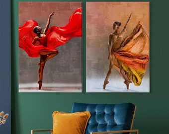 African American Woman Ballet Dancer, Black Ballerina Art Print, Set of 2 Canvases Art for Wall, Modern Black Art, Mix Media Painting