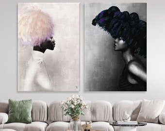 Set of 2 Portraits of a Black Woman, Contemporary Art Printed on Canvas, Gift for the Home, Black Wall Print, Black Magic, Home Décor