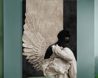 Black Woman With White Angel Wings, Contemporary Black Art Print, Black White African American Art, Home Gift, Handmade Wall Decor on Canvas