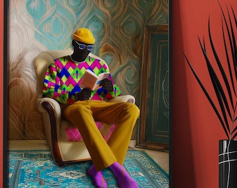 Black Man Reading Art Print, Yellow & Pink Fashion Portrait, Vibrant Intellectual Wall Decor