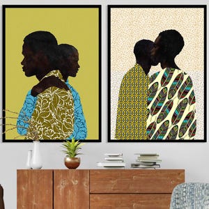 African American Male Couple Wall Pictures, Set of 2 Romantic Wall Art Prints, Hugging Black Men Posters, Minimalist African Wall Art