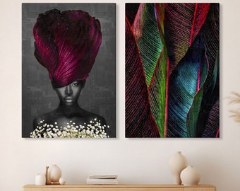 African American Woman With Big Flower Head, Set Of Black Woman  And Abstract Floral Canvas, Black Art, Afro Wall Décor, Décor Canvas Print