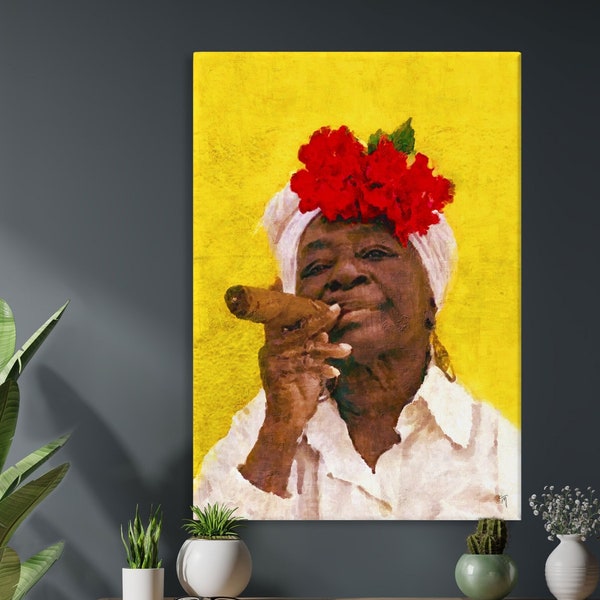 Portrait of an Authentic Cuban Woman, Cuban Wall Art, Art Print on Canvas, Wall Home Décor, Black Art Print, Mixed Media