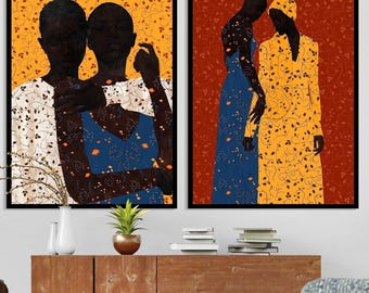 Set of 2 Black Women Art Posters, Afro Boho Floral Collage Prints, Print on Canvas and Paper