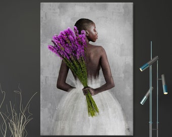 Black Woman With Purple Flowers, African-American Art Canvas Print, Contemporary African Art, Home Gift, Handmade Home Decor for Wall