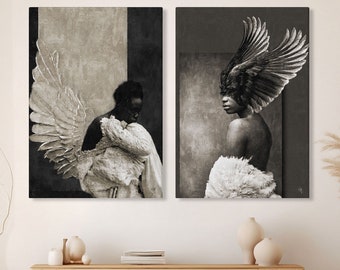 Two Black and White Art Canvas of Beautiful Black Women with Angel Wings, Contemporary Black Art Print on Canvas, Modern Wall Decor