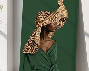 Black Woman Wall Art Canvas, Afro American Woman Portrait, Trendy Glam Living Room Wall Decor, Olive Green and Black Home Design