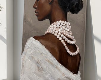 Textured Impasto Pearl Print, Profile Portrait of Black Queen, Neutral Beige Canvas Art, African Art, Elegant Afrocentric Wall Decor