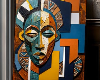 African Mask Canvas Wall Art, Geometric Afrocentric Poster, Modern Cubism Tribal Portrait, Abstract Black Heritage Decor