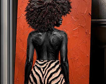 Black Woman Canvas Wall Art, Terracotta Afro Portrait with Zebra Pattern, Textured African American Painting, Luxury Living Room Decor