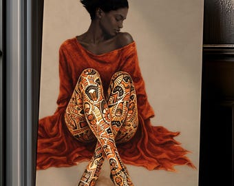 Afrocentric Black Woman Print, Terracotta Canvas Art, African Queen Artwork, Modern Afrobohemian Living Room Decor