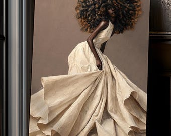 Beige Afro Woman Canvas Art Print, Cream African Woman Artwork, Textured Black Wall Art, Neutral Earthy Tone Modern Living Room Decor