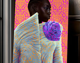 May include: A portrait of a person with a short haircut wearing a light blue and orange pleated garment with a large purple and blue rose-shaped accessory. The background features a vibrant pink and orange damask pattern in a rectangular frame.