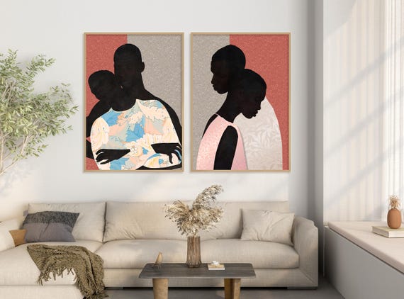 Black Couple Wall Art Set of 2, African American Canvas Prints, Modern Mixed Media Portraits, Romantic Neutral Decor, Contemporary Black Art