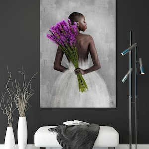 Black Woman With Purple Flowers, African-American Art Canvas Print, Contemporary African Art, Home Gift, Handmade Home Decor for Wall
