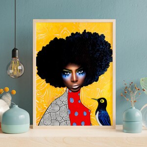 Abstract Afro decor with a black woman and her bird. Contemporary art print with an African American woman. African style wall decoration
