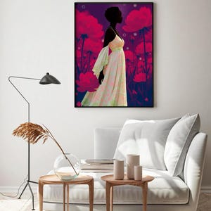 Black woman with big flowers. African American Wall Art. African American woman in flower garden. Black Woman and Peonies Wall Art Print.