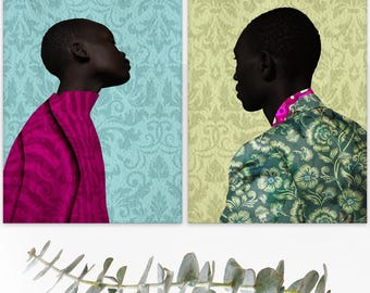 Black Woman and Man Contemporary Fine Art Set, African Patterned Portraits, Modern Statement Wall Art Print, Romantic Décor