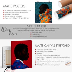 May include: The image showcases matte posters and canvas art prints. The posters are rolled and packaged in tubes, while the canvas prints are stretched and ready to hang. The image also includes the text "MATTE POSTERS" and "MATTE CANVAS STRETCHED".