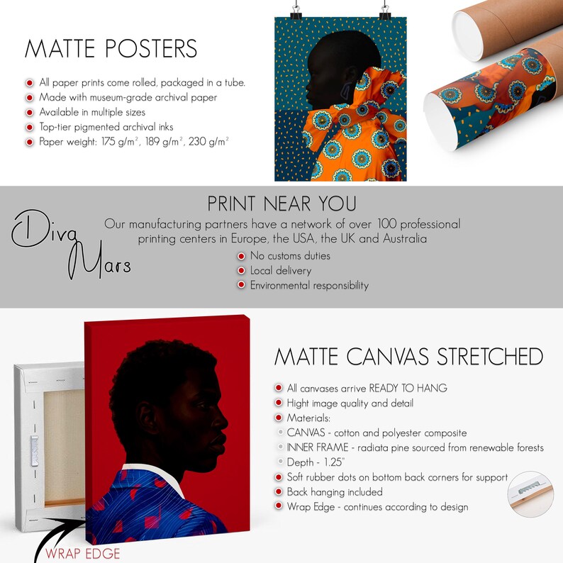 May include: The image showcases matte posters and canvas art prints. The posters are rolled and packaged in tubes, while the canvas prints are stretched and ready to hang. The image also includes the text "MATTE POSTERS" and "MATTE CANVAS STRETCHED".
