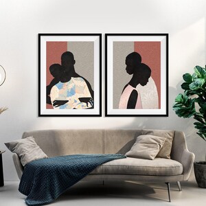 Black Couple Wall Art Set of 2, African American Canvas Prints, Modern Mixed Media Portraits, Romantic Neutral Decor, Contemporary Black Art image 11